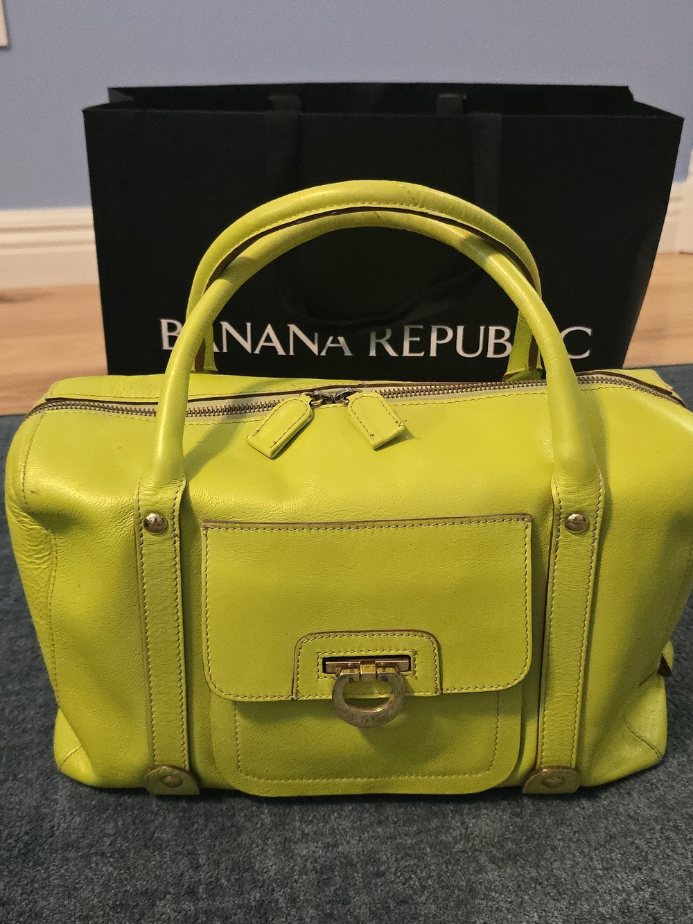 Paolo Masi Neon Lime Leather Satchel with Front Flap Pocket